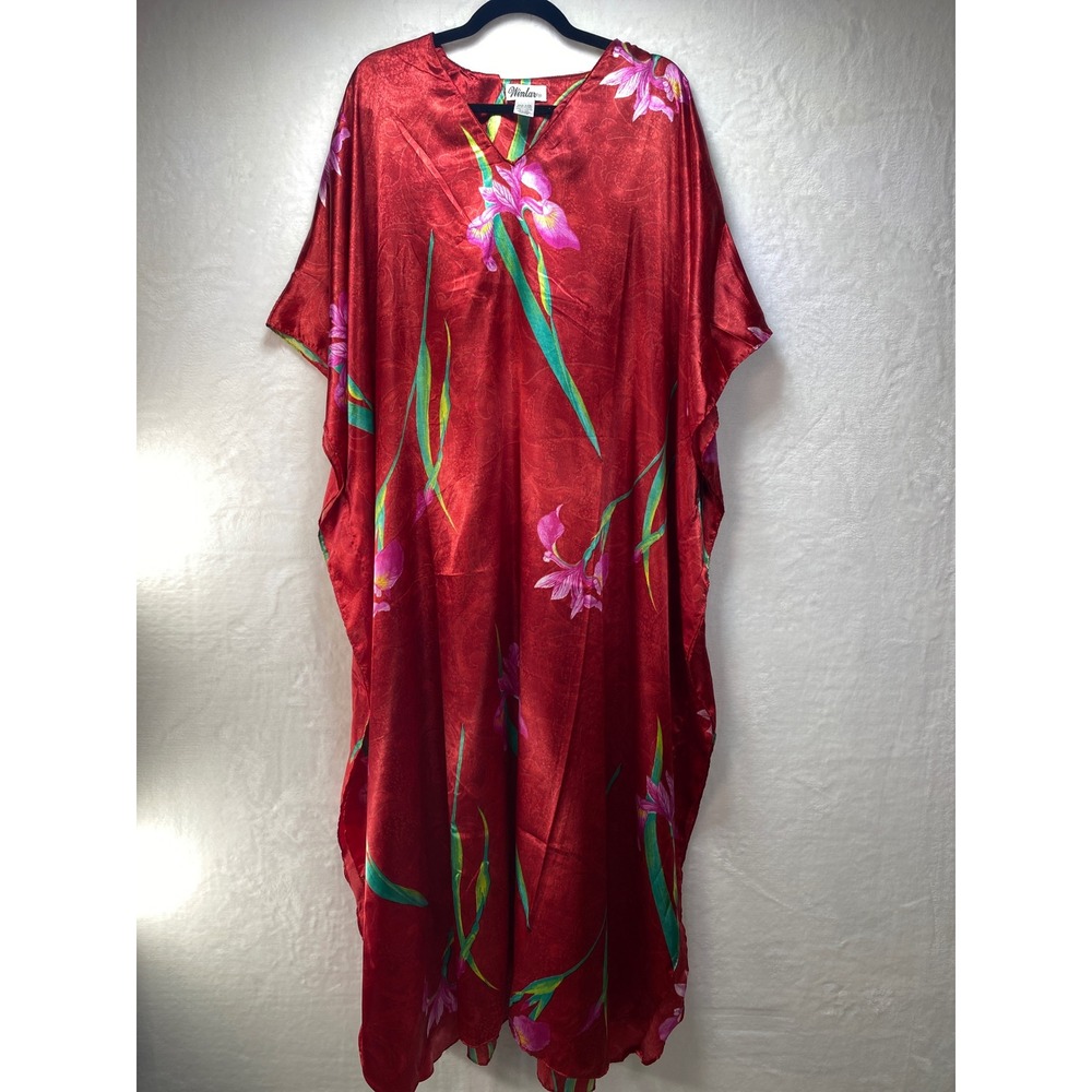 Winlar House Dress Robe Red Floral Iris Print‎ Kaftan Maxi Cover Up Loungewear